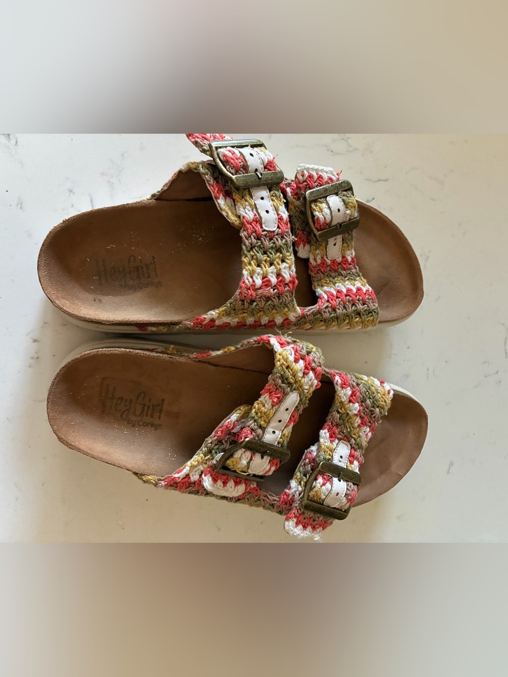 Hey Girl Corkys Crochet Double-Buckle Slide Sandals in Multi-Color